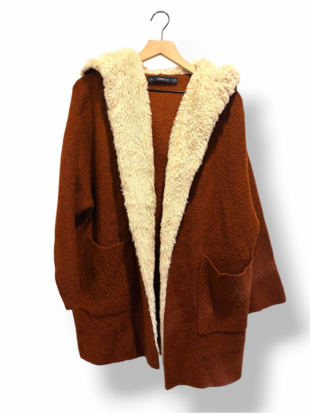 Zara Knit Hooded Cardigan Sz S Brown Sherpa Lapel Boho Hippie Sweater Jacket